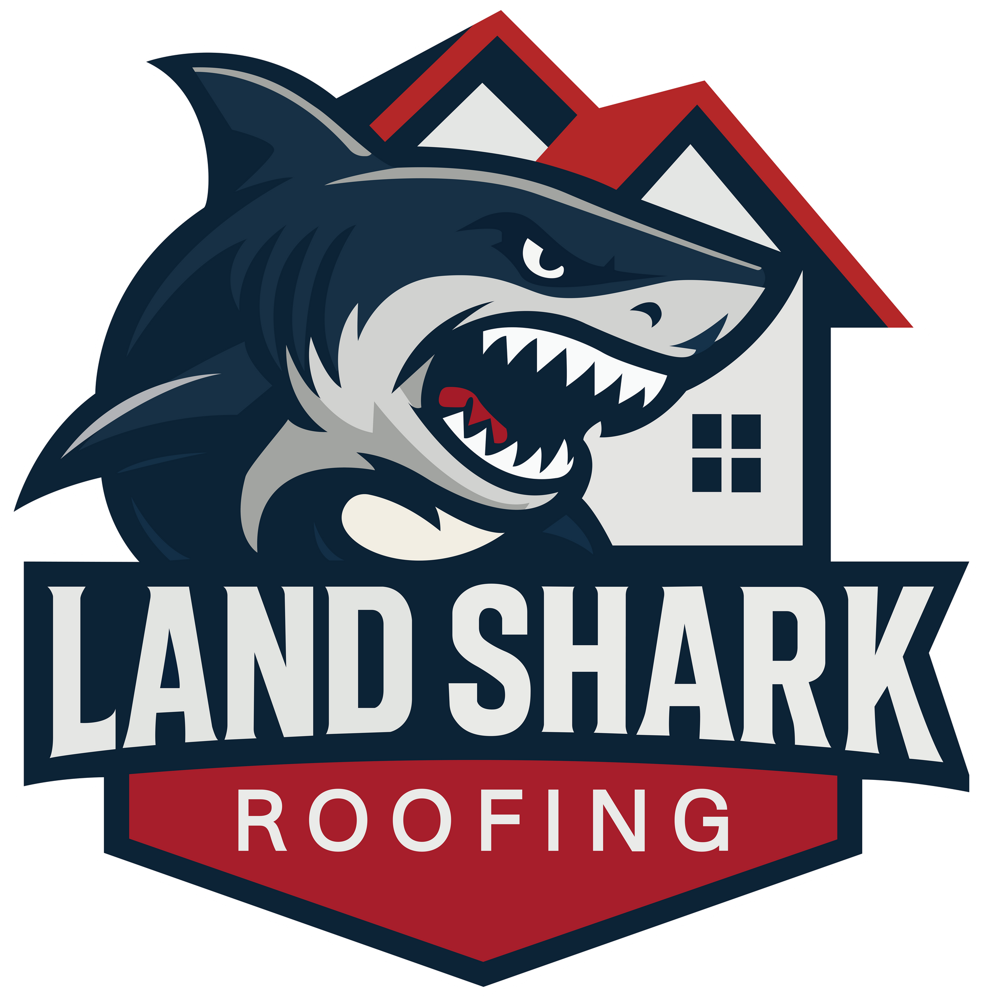 Land Shark Roofing & Exteriors logo with a blue shark and red-and-blue house roof emblem