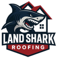 Land Shark Roofing logo with a shark and house roof icon in dark blue, red, and white