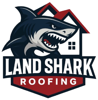 Land Shark Roofing logo with a shark and house roof icon in dark blue, red, and white