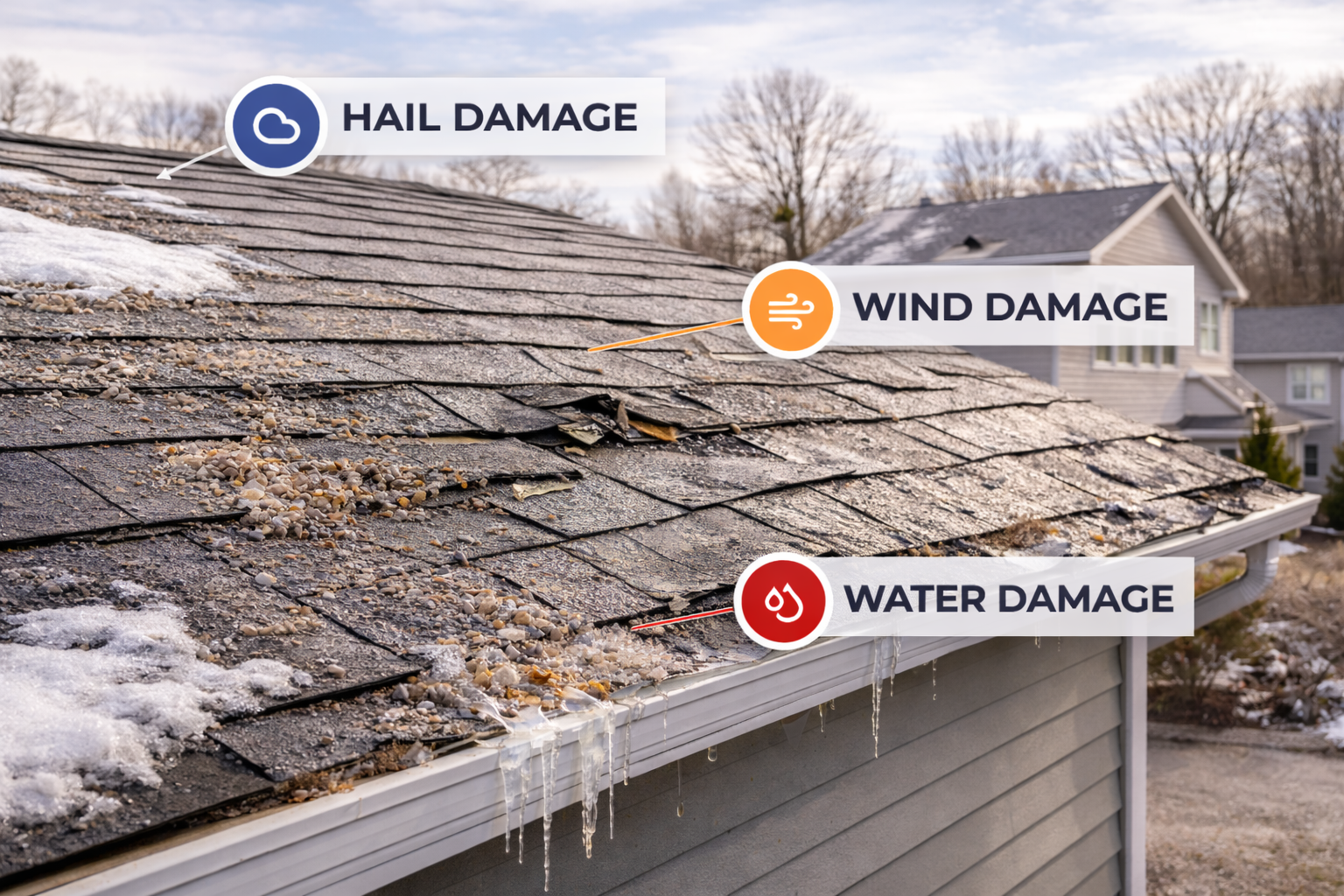 Roof with hail, wind, and water damage labels on weathered shingles and icicles.