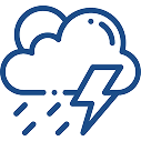 Blue cloud with lightning bolt and raindrops, symbolizing a thunderstorm.