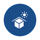 White graduation cap and sun icon inside a blue circle