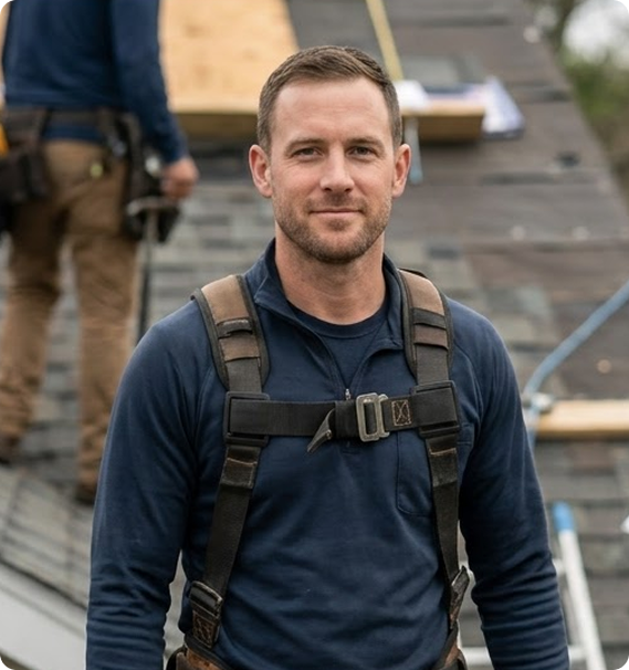 Man in a navy shirt and harness standing on a wooden construction site, with a blurred worker behind him