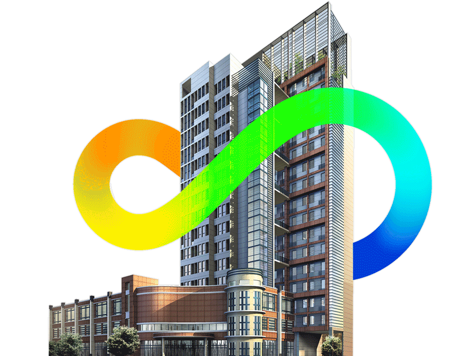 Modern high-rise building with geocommunities infinity symbol overlaid.