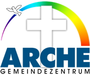 Logo mit Kreuz in der Mitte überspannt von einem Regenbogen mit einer Taube und unterschrieben mit Arche Gemeindezentrum