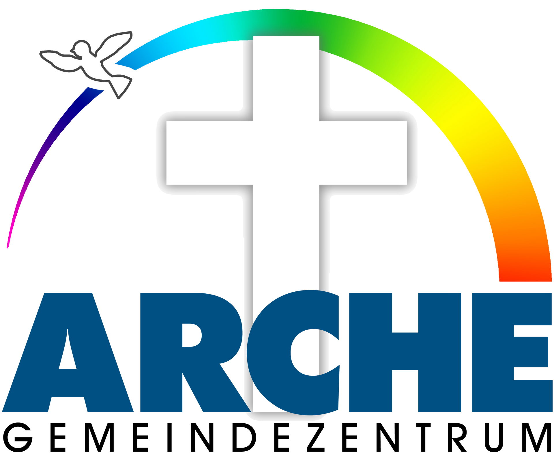 Logo mit Kreuz in der Mitte überspannt von einem Regenbogen mit einer Taube und unterschrieben mit Arche Gemeindezentrum