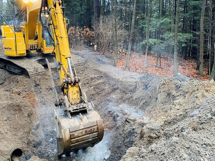 Une pelleteuse jaune creuse une tranchée sur un chantier de construction boisé.