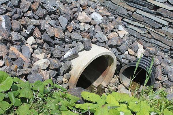 Tuyau de drainage en béton parmi des rochers gris avec des plantes vertes au premier plan