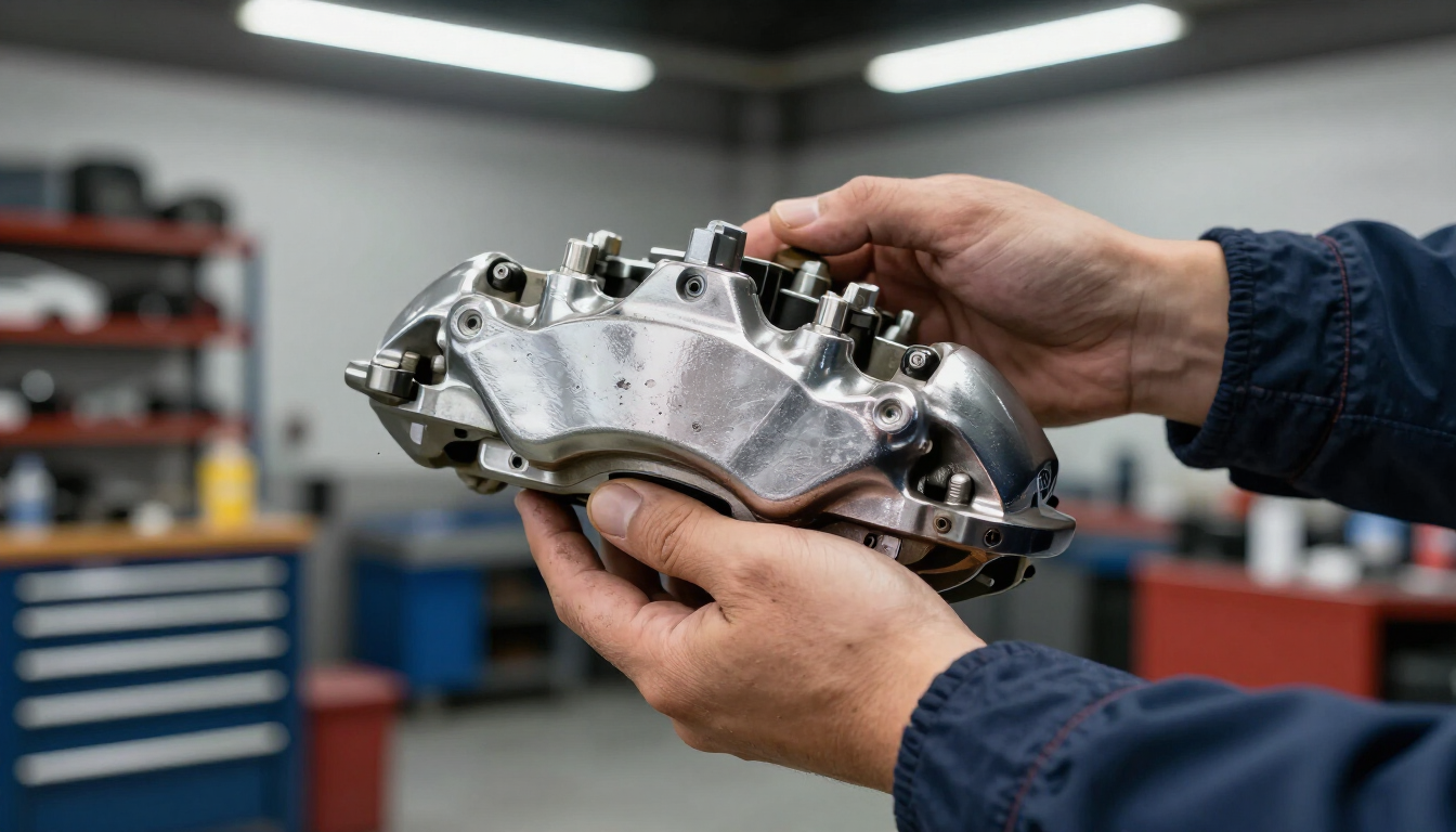 Close up of a new car brake caliper ready for installation.