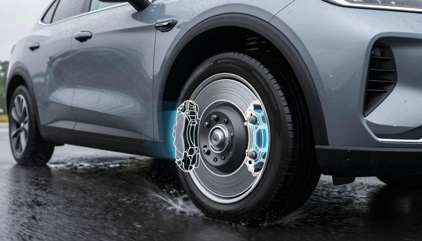 Close up of a vehicle brake rotor and ABS sensor system