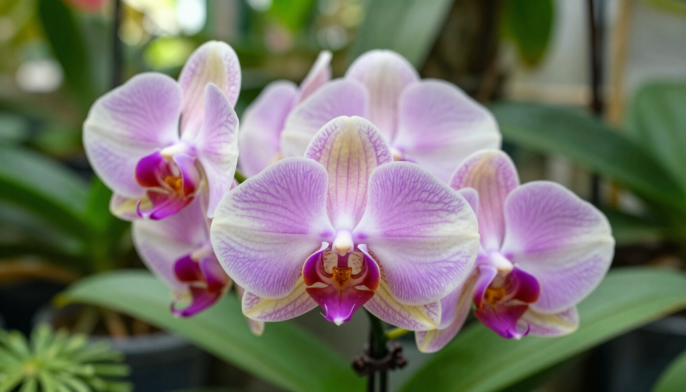 Fiori di orchidea rosa e bianchi sbocciano su una pianta verde