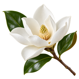 Fiore di magnolia bianca con foglie verdi lucide su uno stelo