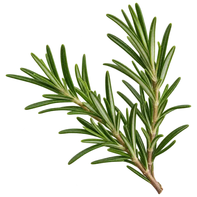 Rametto di rosmarino fresco e verde con foglie sottili e aghiformi su sfondo bianco.