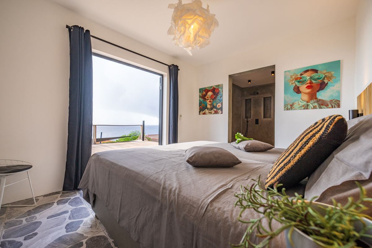 Slaapkamer met bed, openslaande deur naar zee, kunst aan de muren, decoratieve planten.