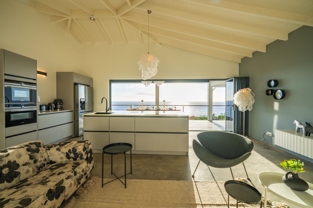 Moderne keuken en woonkamer met uitzicht op de oceaan, grijze kasten, bloemenbank, ronde stoel.