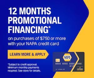 NAPA ad with blue background offering 12 months promotional financing on $750+ purchases, with yellow “Learn More & Apply” button.