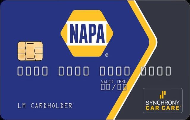 NAPA blue rewards card with gold stripe and Synchrony Car Care logo