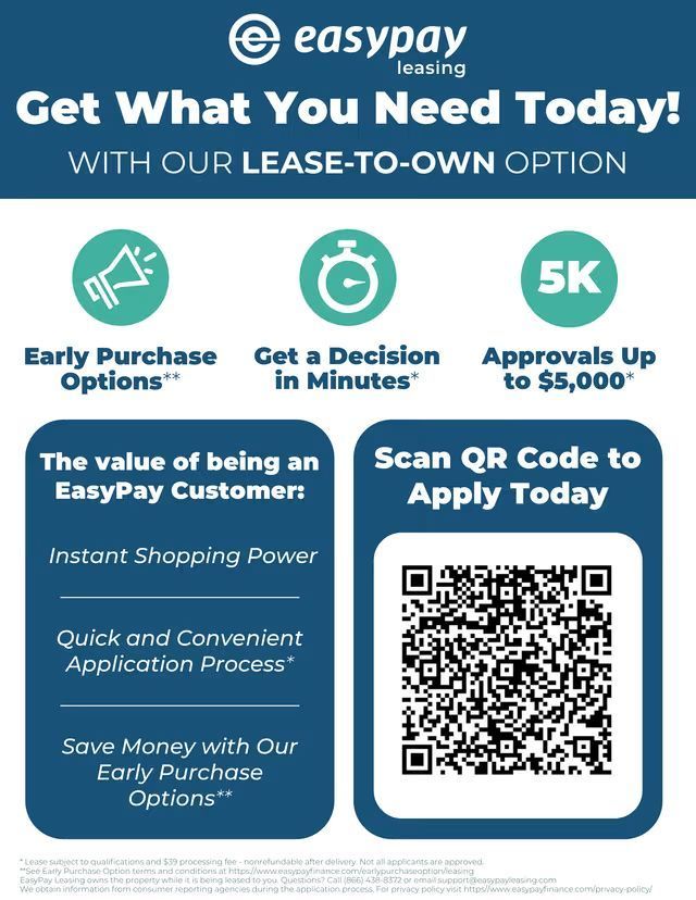 EasyPay leasing ad with QR code, teal and white design, promoting early purchase options, quick decisions, and approvals up to $5,000