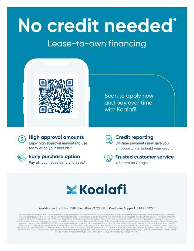 Blue Kadalfi ad for no-credit-needed lease-to-own financing with QR code and financing details