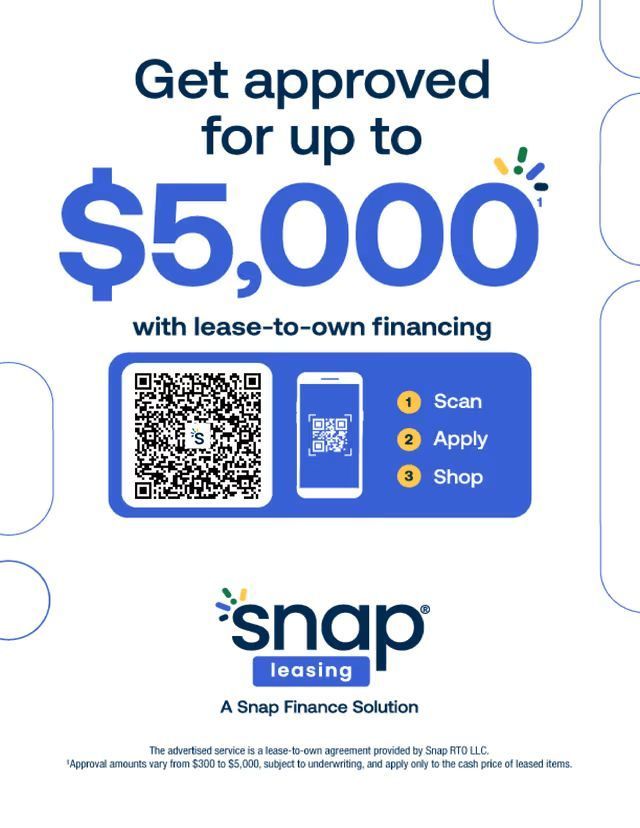 Snap leasing ad: “Get approved for up to $5,000” with QR code and blue app steps to scan, apply, shop.