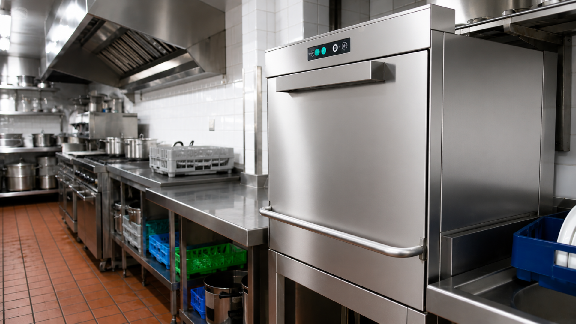 Commercial stainless-steel kitchen with ovens, prep tables, and tiled floor in a bright industrial space