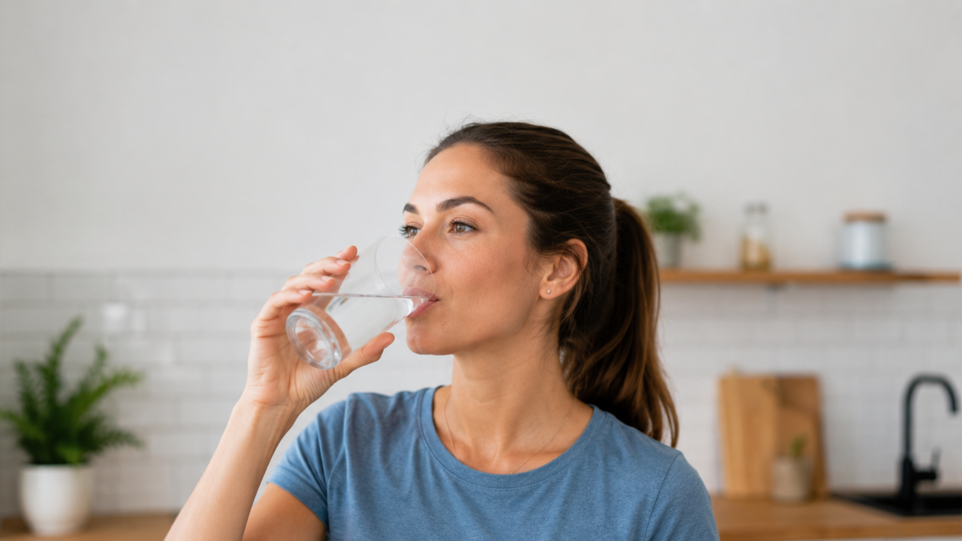 Woman drinking water in a kitchen, with a glass in hand and a blurred countertop in the background.