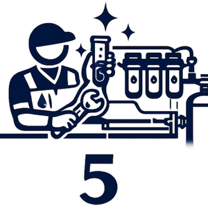 Technician holding a wrench beside lab test tubes, with the number 5 below