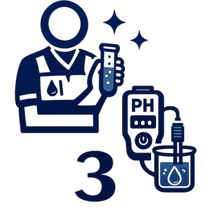 Blue icon of a lab worker holding a pH meter beside a beaker, with number 3 below.
