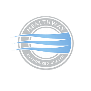 Healthway Authorized Dealer logo with gray circle and blue wave design