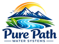 Pure Path Water Systems logo with mountains, sun, river, and green leaves in blue and green