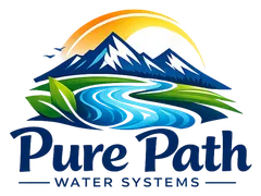 Pure Path Water Systems logo with mountains, sun, river, and green leaves in blue and green