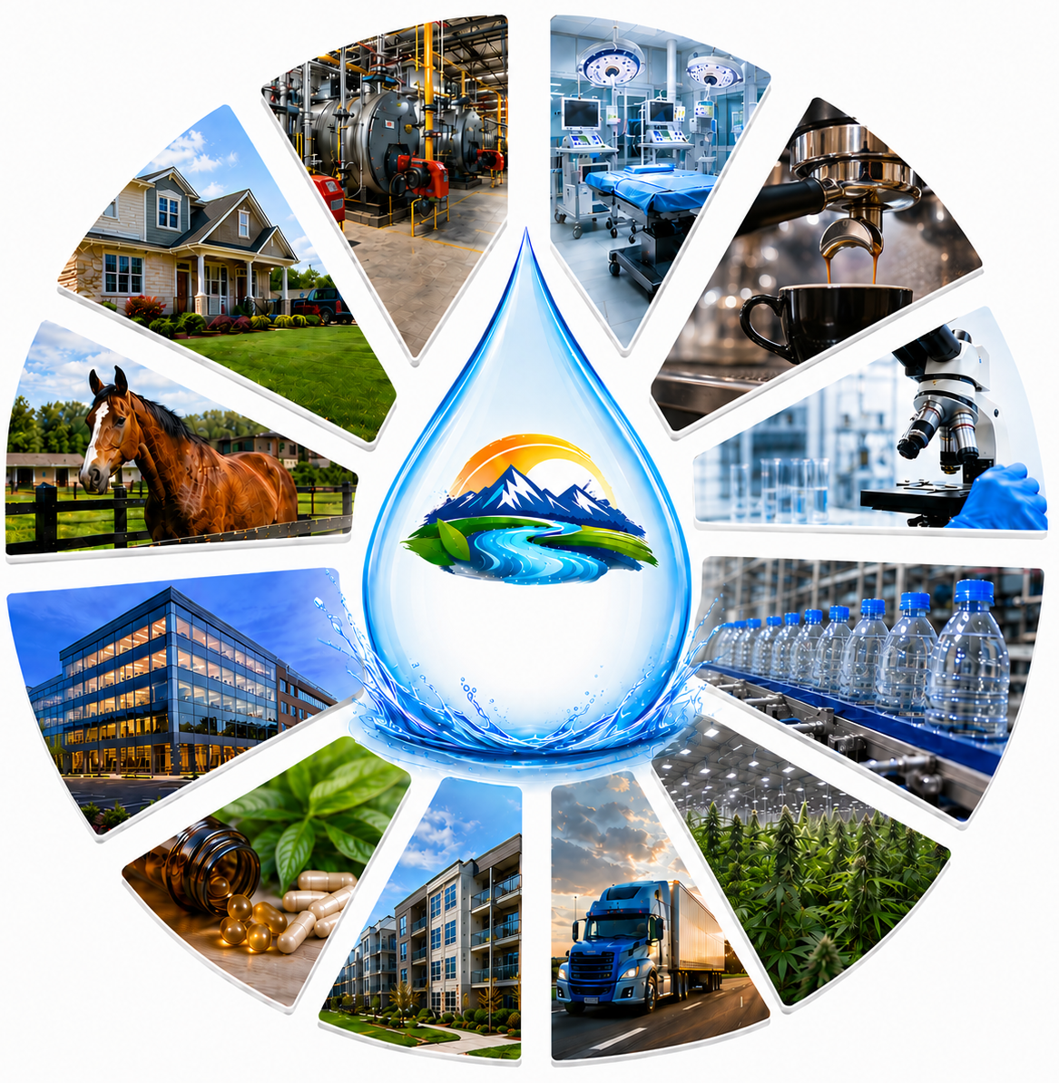 Water droplet logo centered in a collage of clean water, industry, homes, farms, and nature scenes