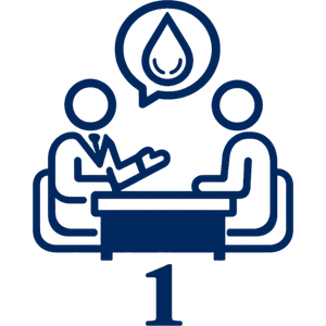 Two people in blue line art talking across a table with a droplet icon above them and a number 1 below.