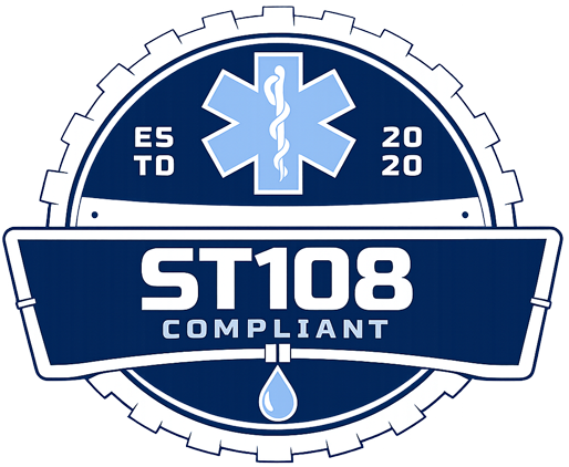 ES-TD 2020 ST108 compliant blue-and-white inspection badge with medical caduceus