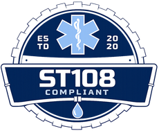 ES-TD 2020 ST108 compliant blue-and-white inspection badge with medical caduceus