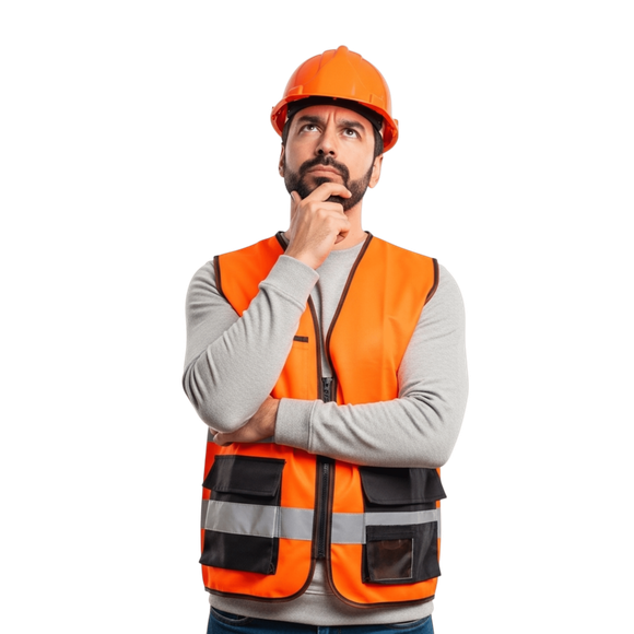 Construction worker in orange safety vest and hard hat, thinking with hand on chin
