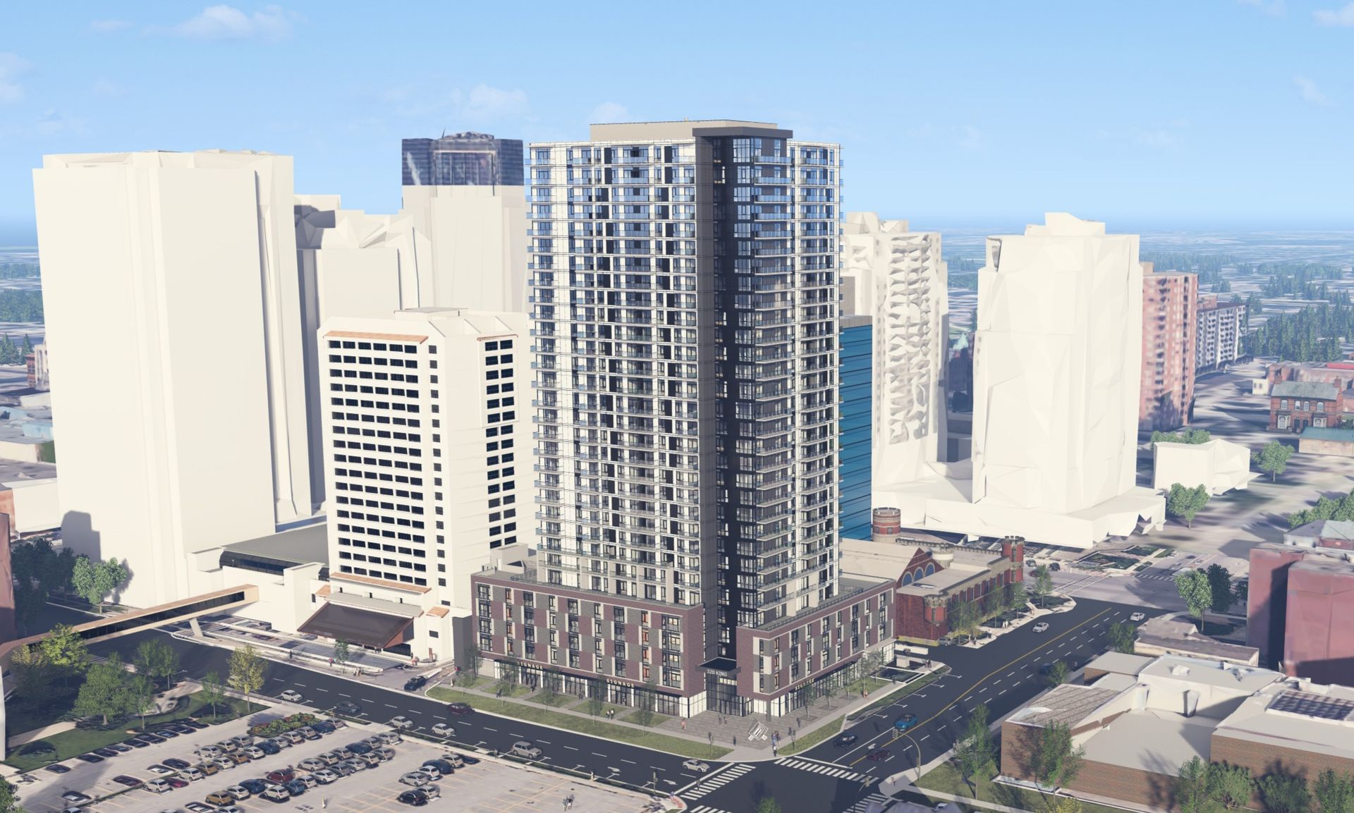 High-rise apartment building with a modern design against a blue sky. Other buildings and street in the foreground.