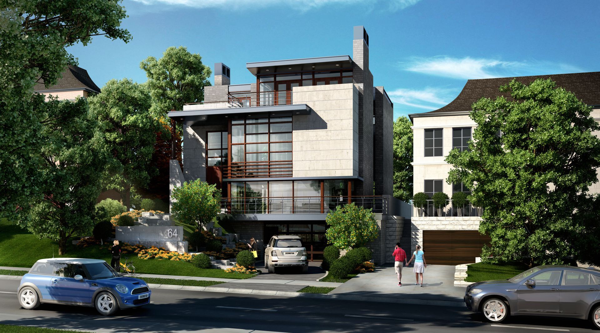 Modern multi-story house with a car in the garage, people walking, and other cars on the street.