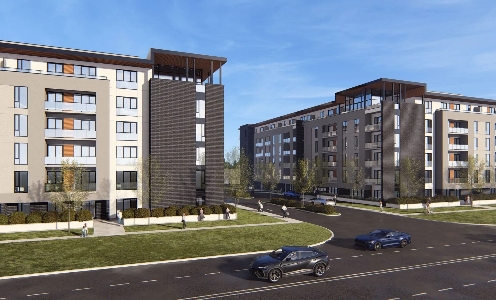 Modern apartment buildings with cars on the street. Buildings are neutral colors, with some dark accents. Sunny day.