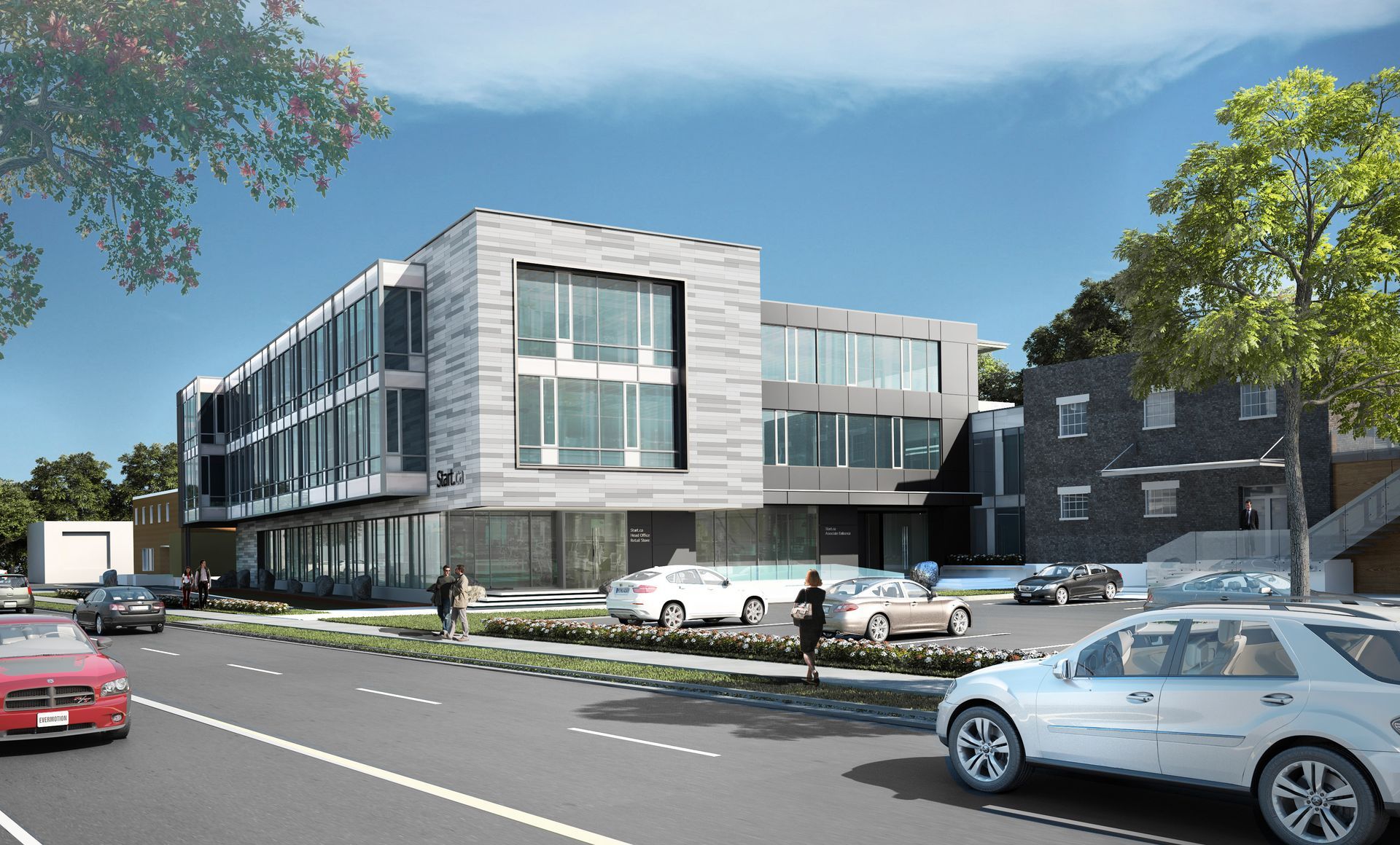 Modern building with cars on street under a bright blue sky.