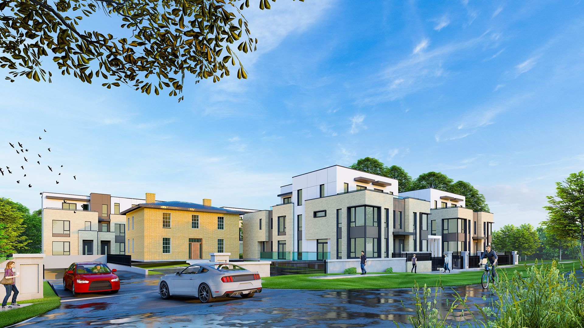 Modern luxury townhomes with cars parked outside. A pond and trees are also visible.