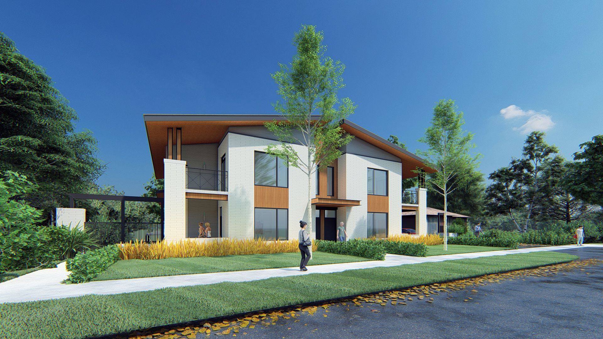 Modern two-story house with light stone facade, wooden accents, and a flat roof, set on a grassy lawn.