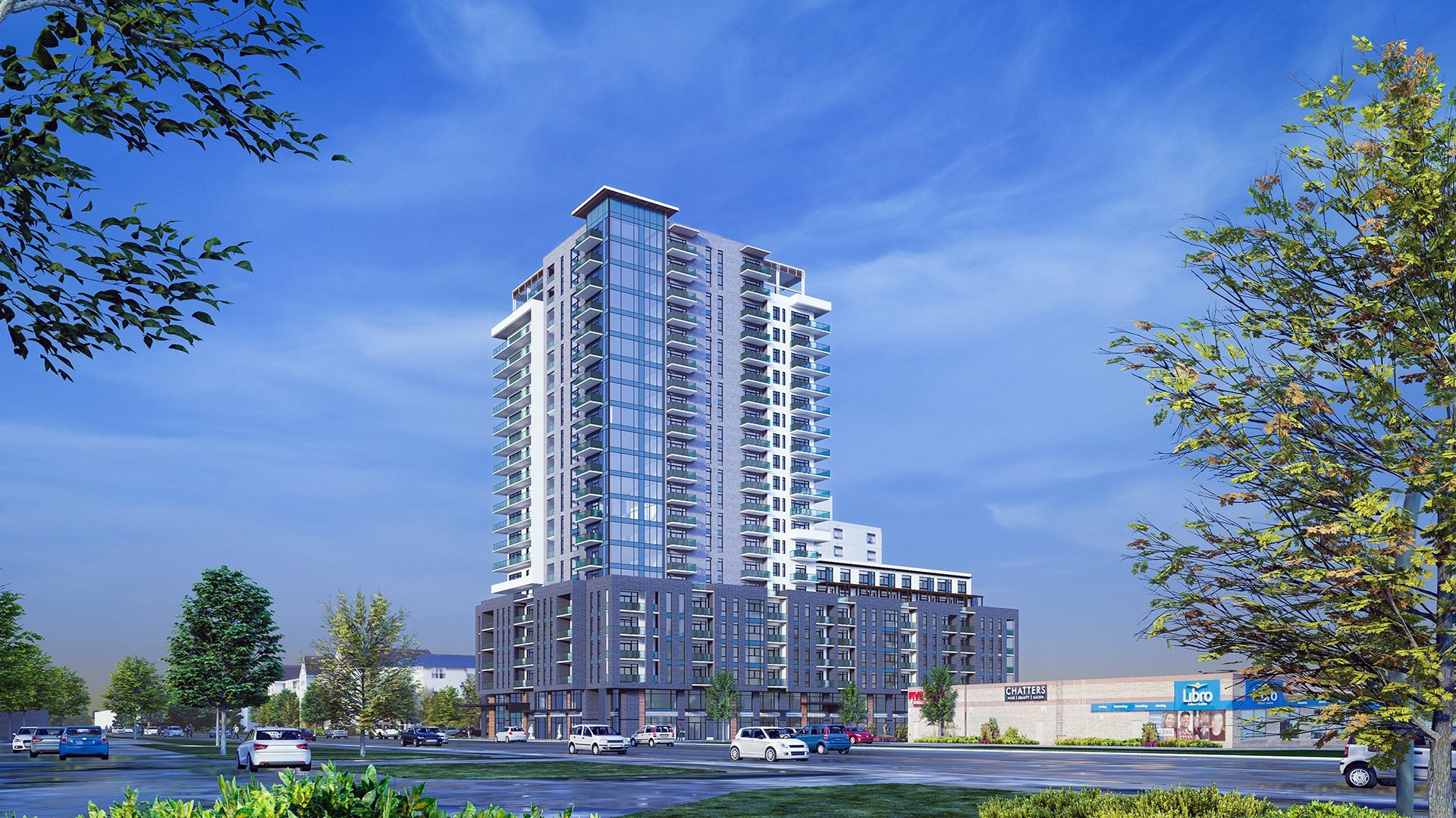 High-rise apartment building with a blue sky background. Includes cars, trees, and a retail store.