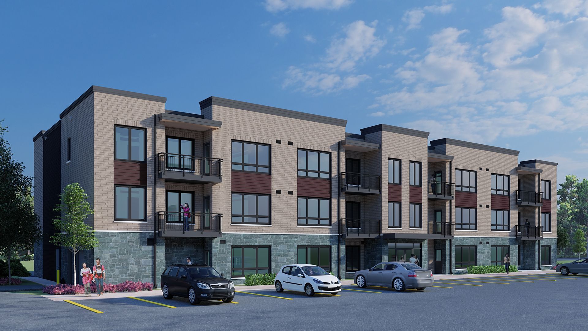 Modern three-story building with commercial space on ground floor, cars parked out front.