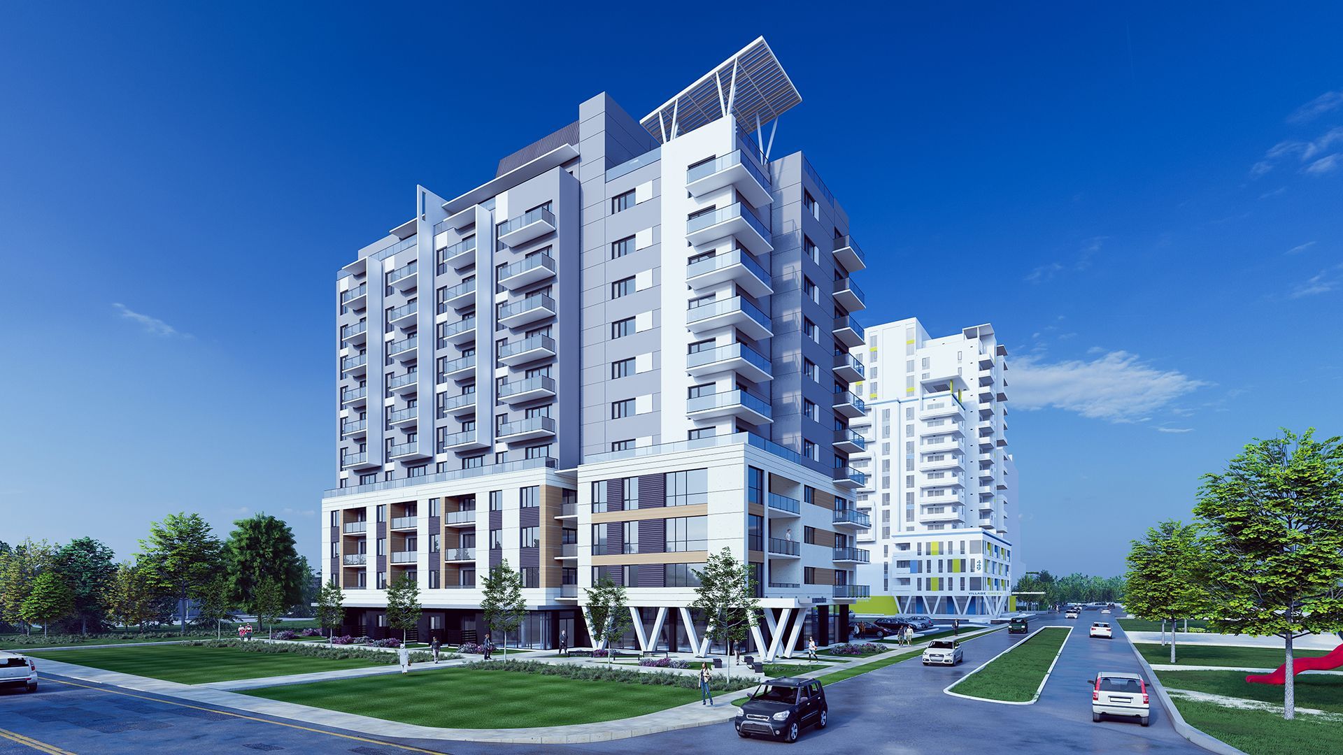 Modern high-rise apartment building, gray and white exterior, blue sky, trees, and road.