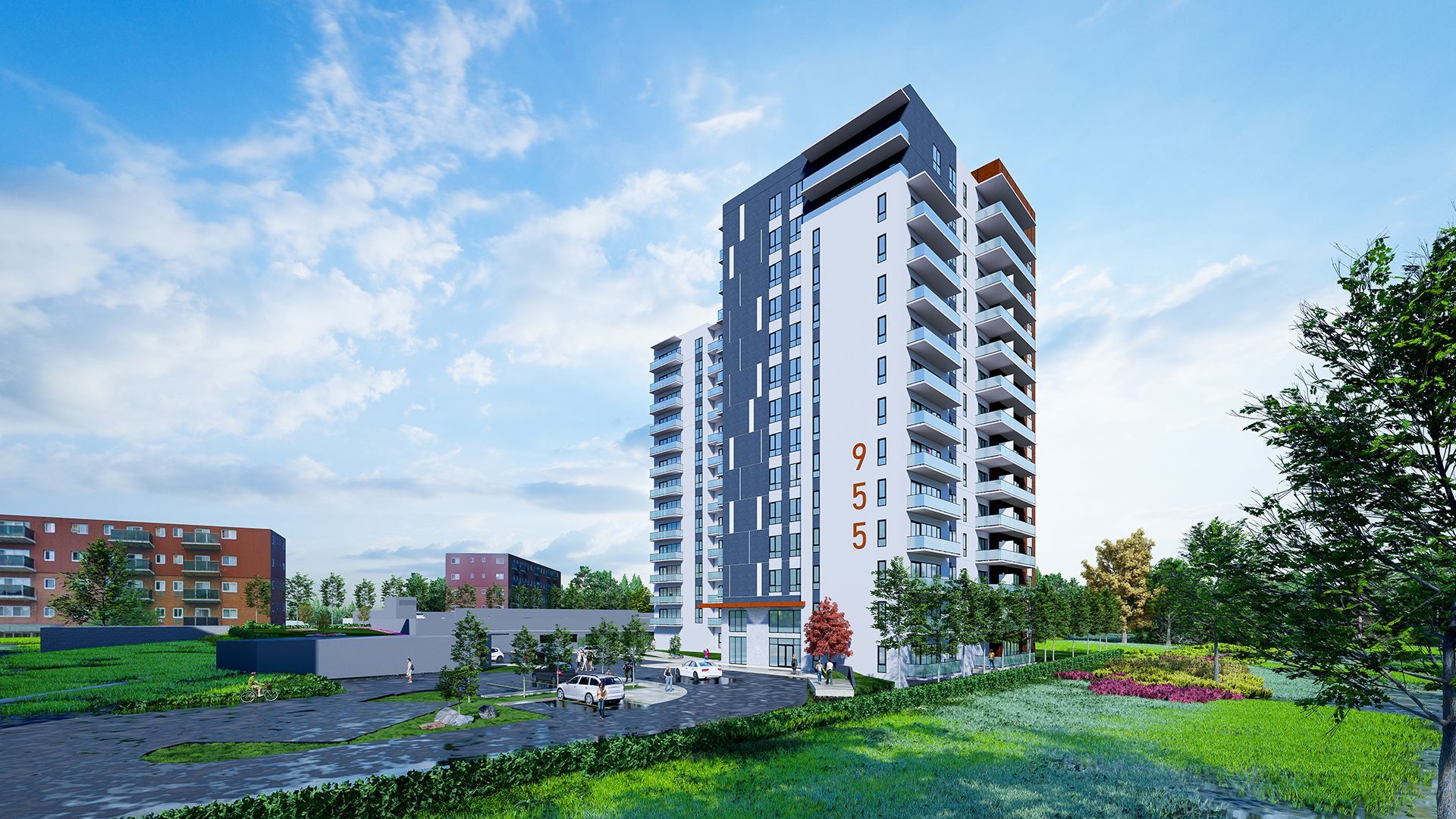 High-rise apartment building with balconies, set in a green landscape on a sunny day.