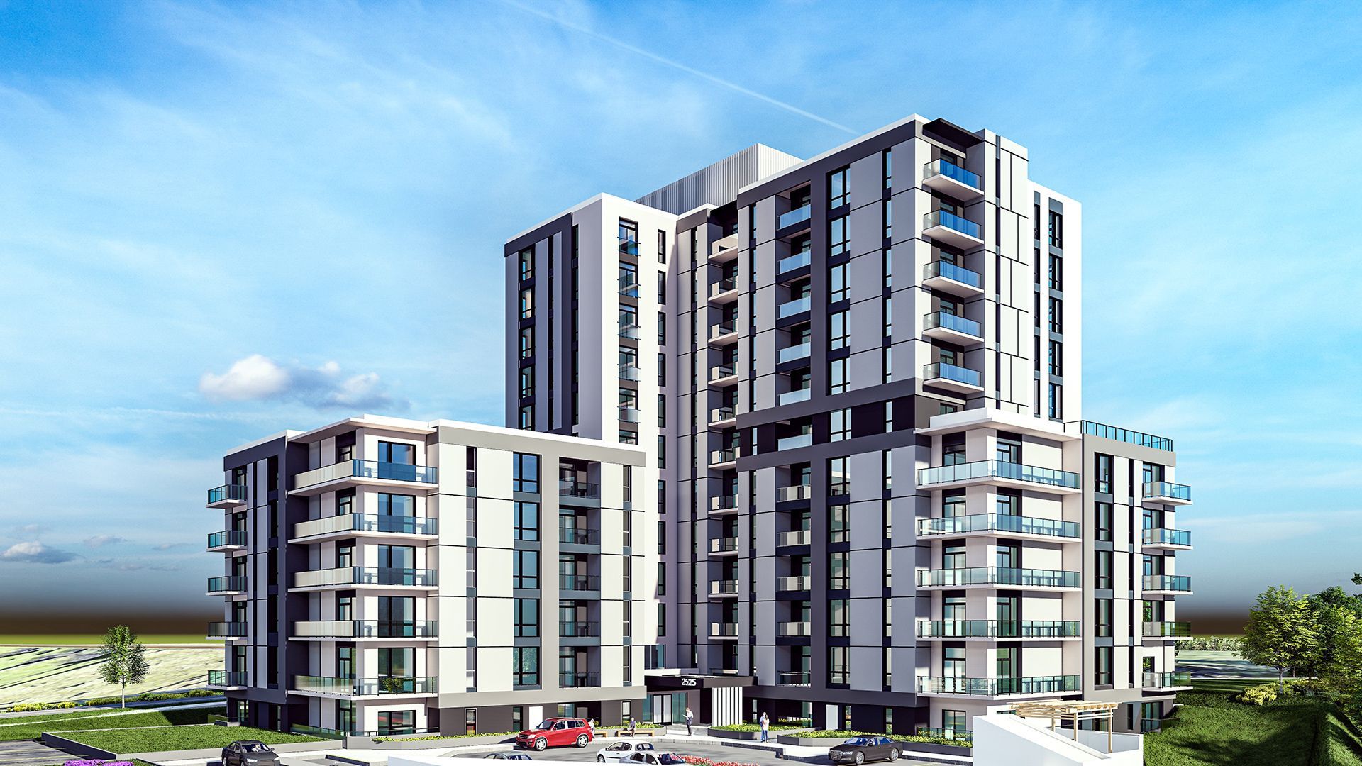 Modern multi-story apartment buildings with glass balconies against a bright blue sky.