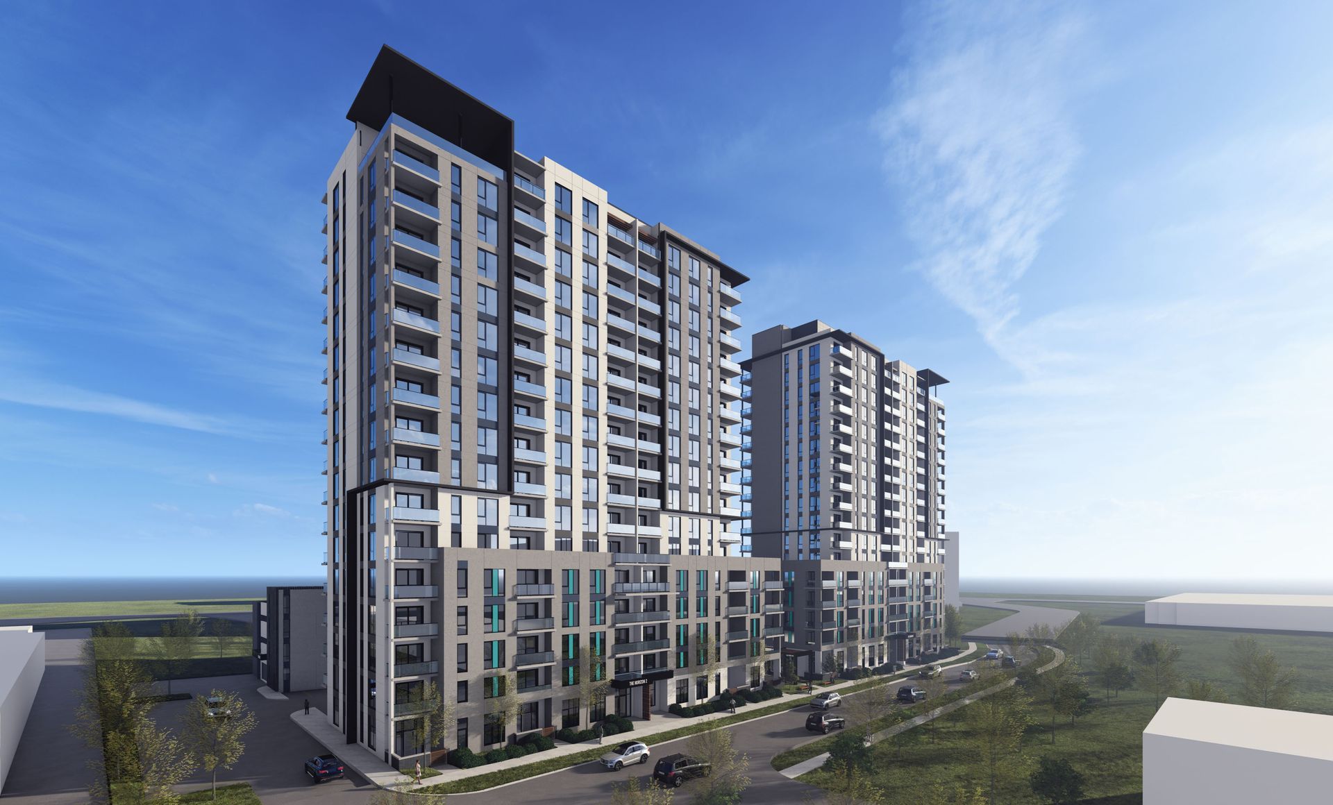Two 17 storey residential towers. A separate four storey parking garage is at the rear of the buildi
