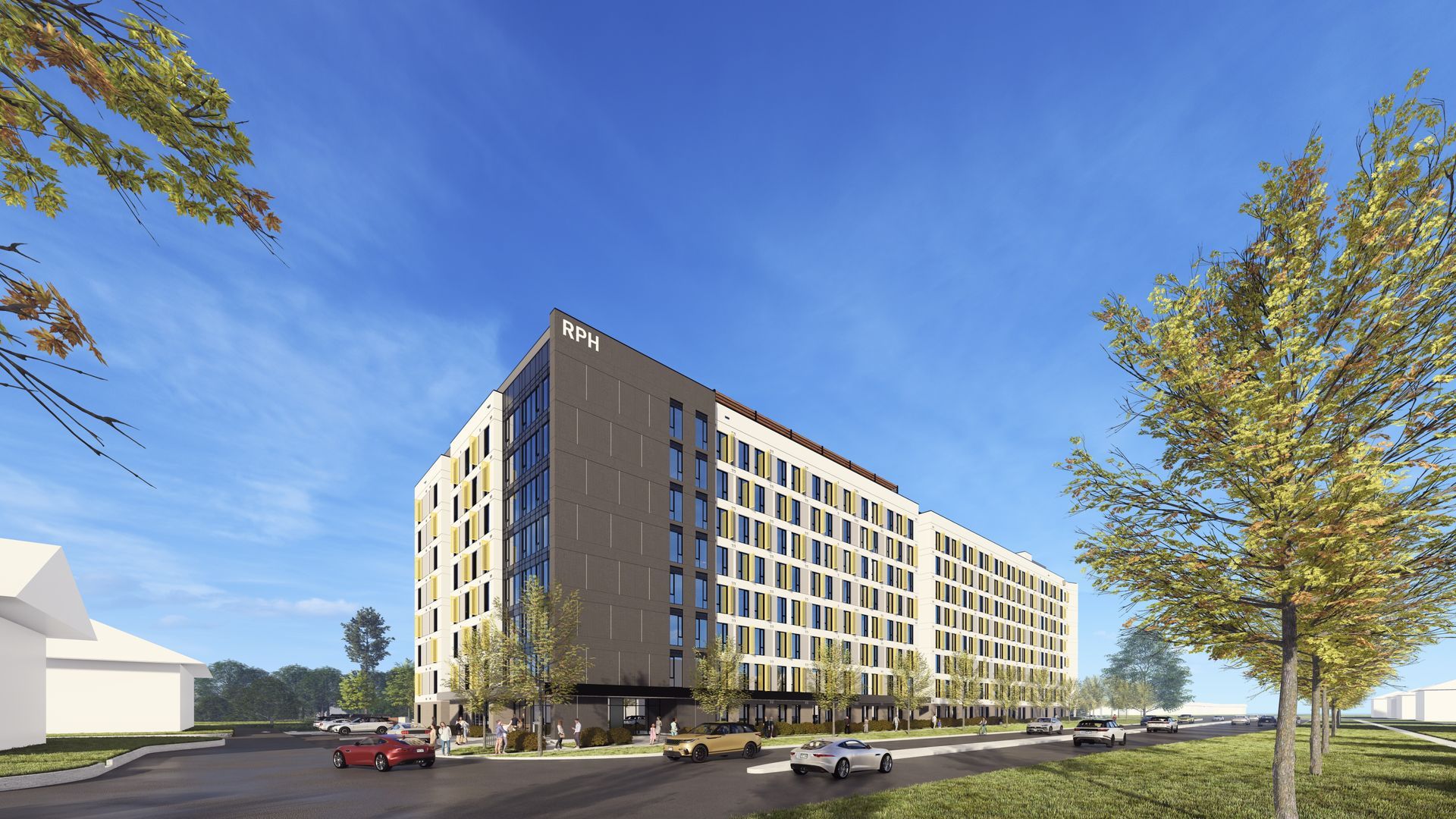 A rendered image of the project showing is long, linear form.