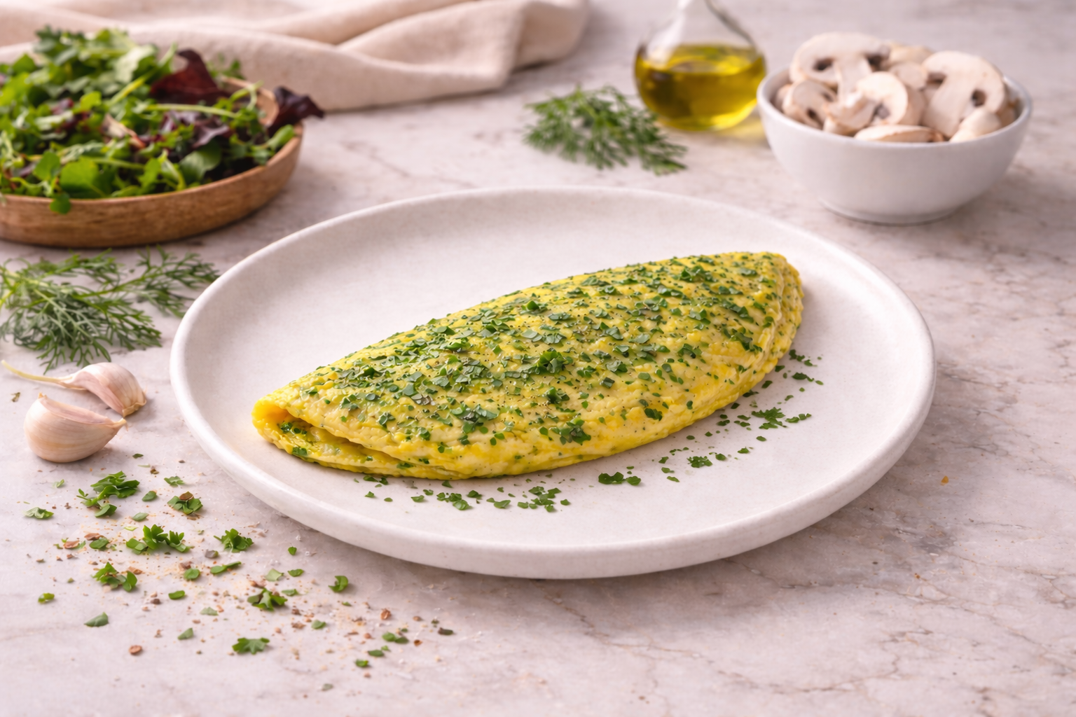 Een versgebakken omelet met kruiden ligt op een wit bord naast schalen met champignons en salade op een marmeren aanrecht.
